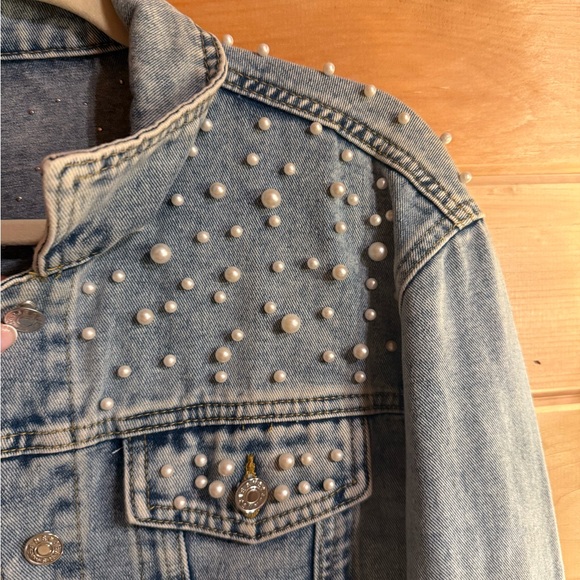 Denim Collared Pearl Studded Jacket with Buttons and Pockets - Picture 2 of 8